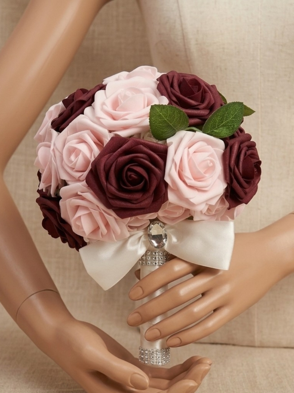 Pink and Burgundy Rose Bridal Bouquet with Satin Bow